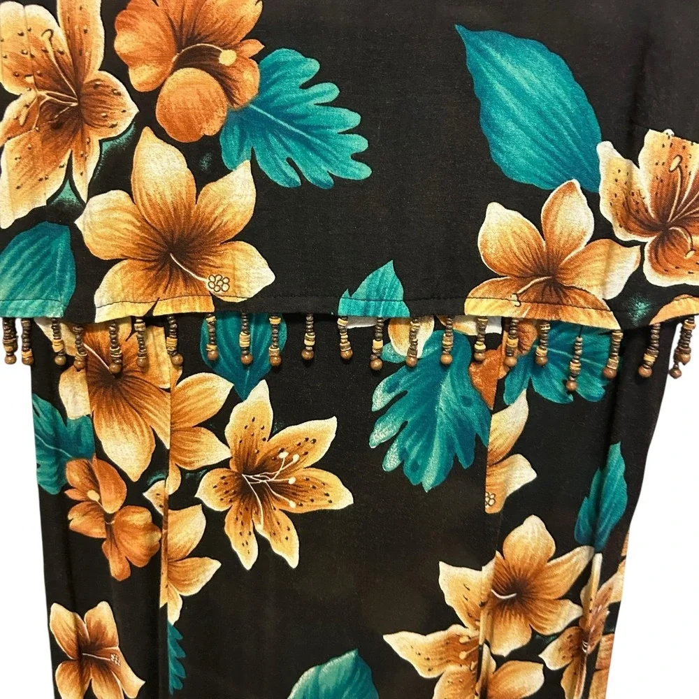 Vintage Y2K Maxi Dress 6‎ Black Tropical Floral Beaded Resort Beachwear Vacation